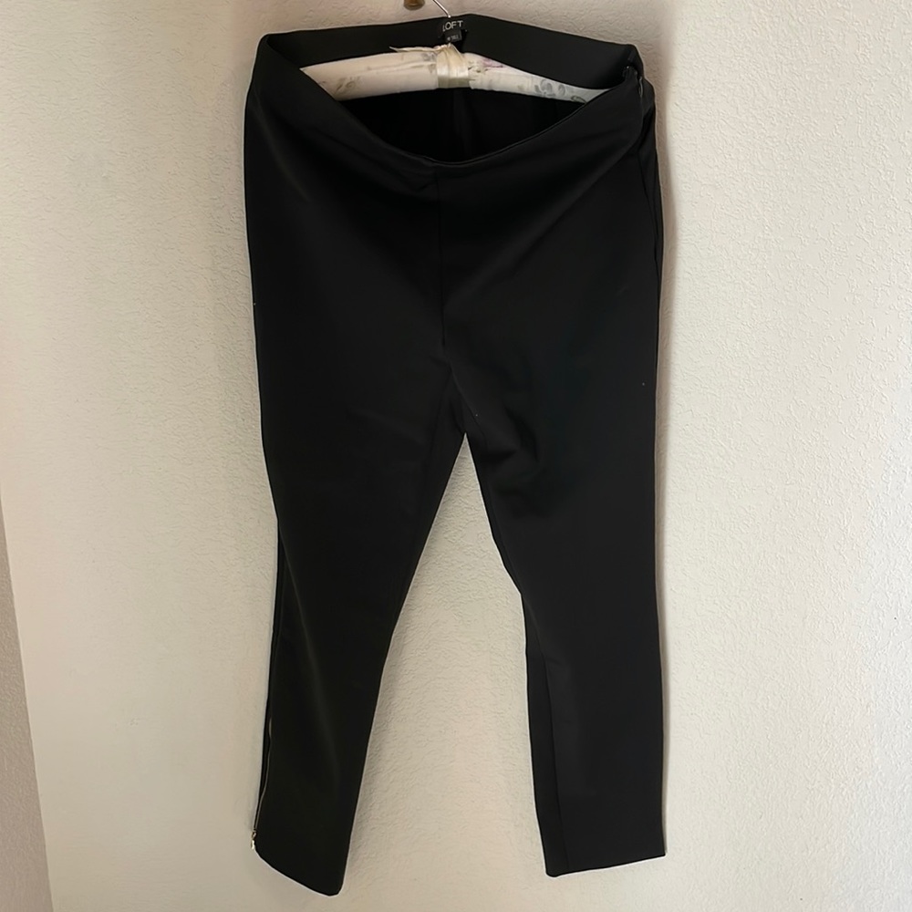 Never worn! Black Loft pants, side zip with gold ankle zipper details